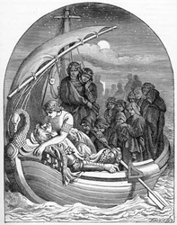 El moribundo Rey Arturo es llevado a Avalon en un barco mágico con tres reinas, 1901